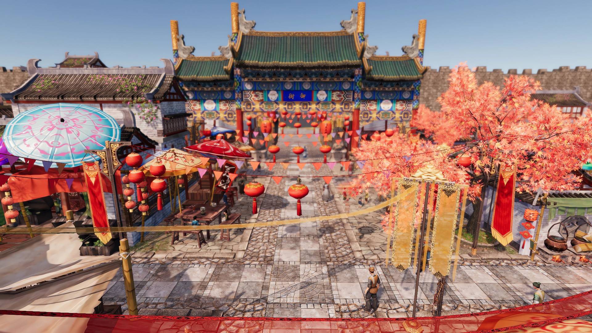Traditional Chinese architectural setting with red lanterns and decorative elements.
