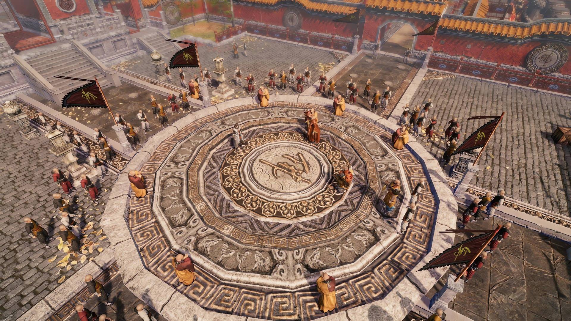 Historical reenactment or game scene with people around a central stone platform.