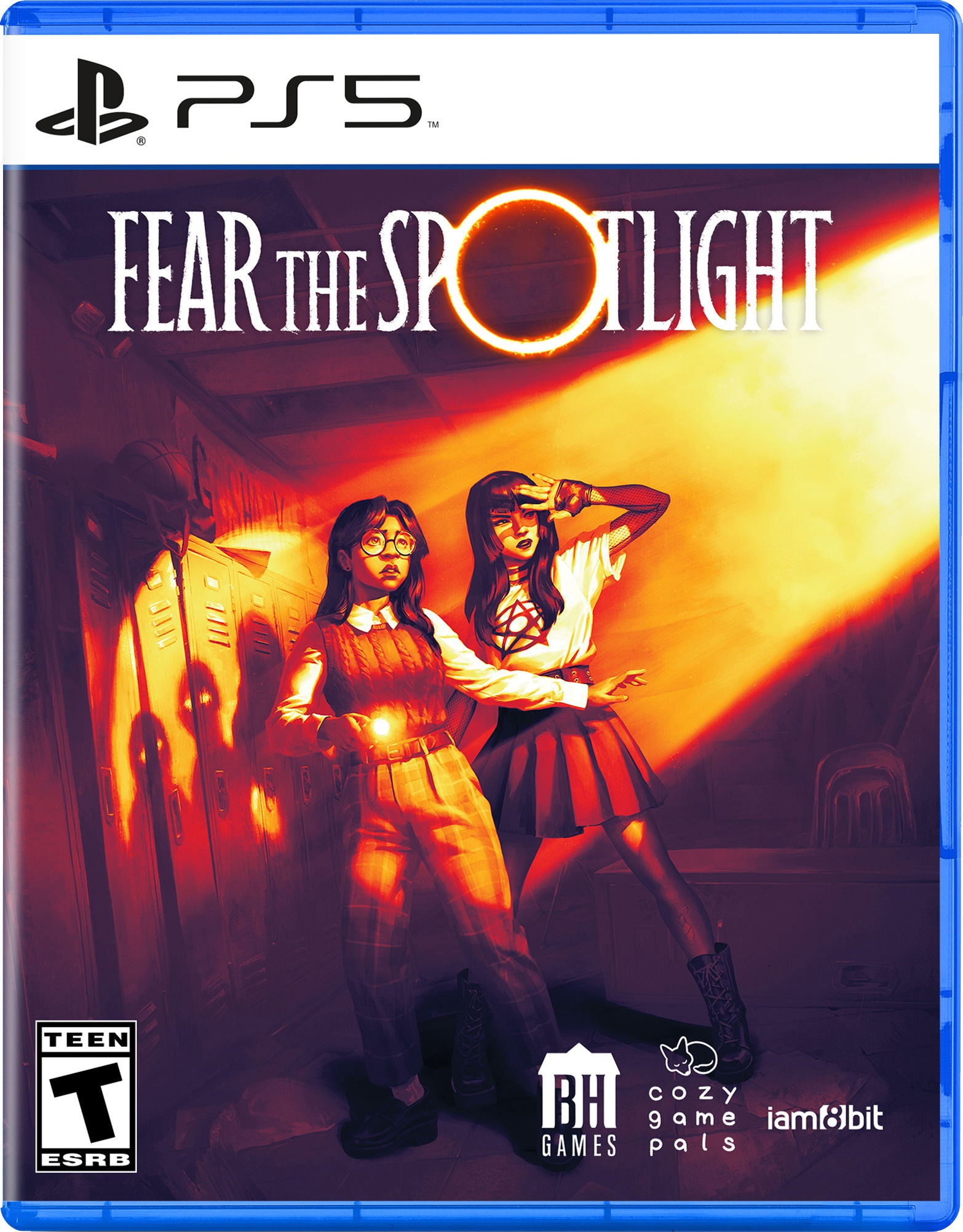 Game cover for 'Fear the Spotlight' on PS5 with two characters in a spotlight.