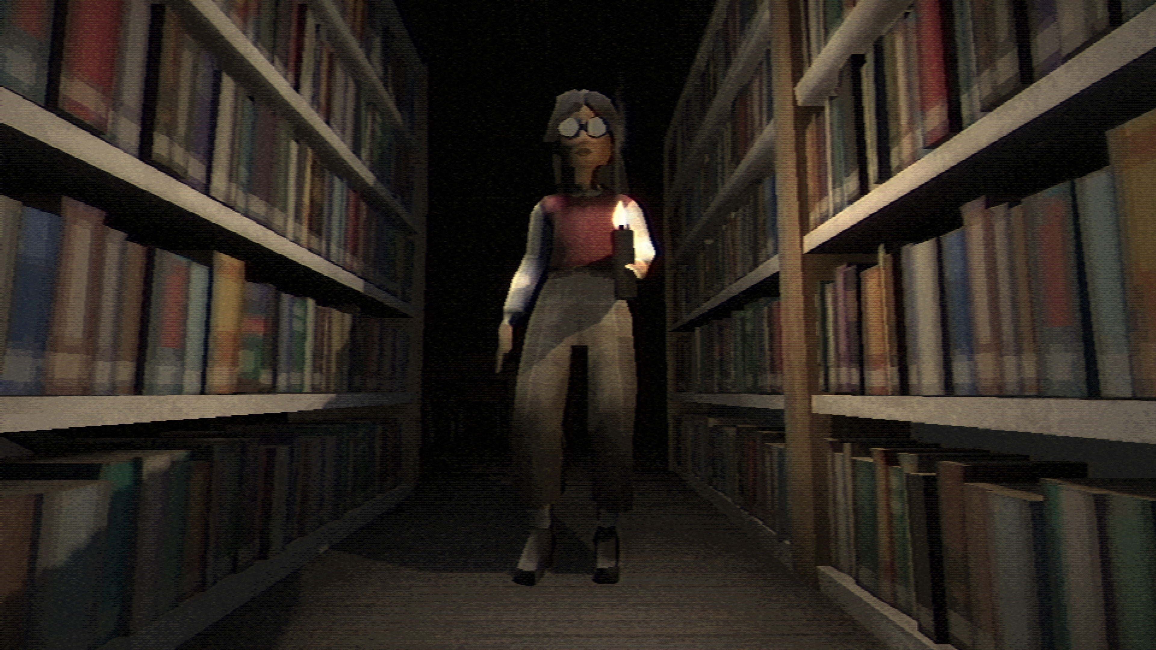 Person with a flashlight walking through a dark library aisle with bookshelves on either side.