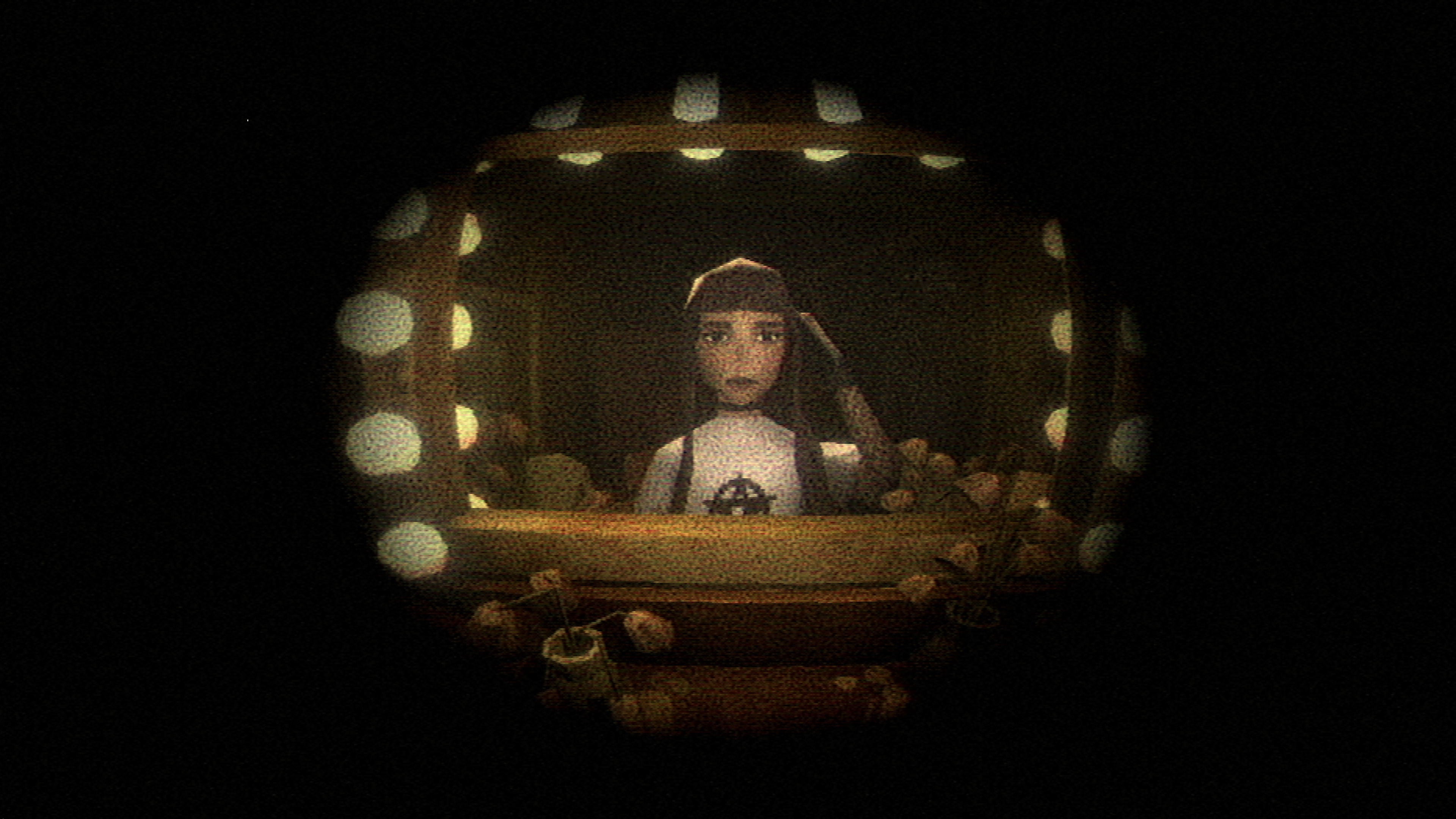 Character in a dark setting with a circular light fixture above