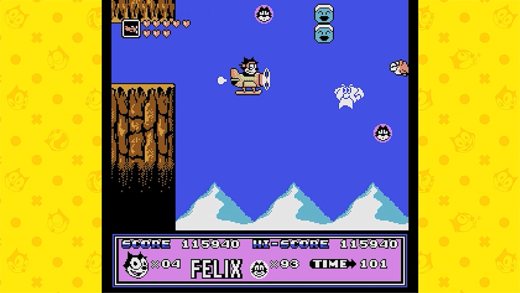 Screenshot of a classic video game with a character named Felix on a yellow and blue background