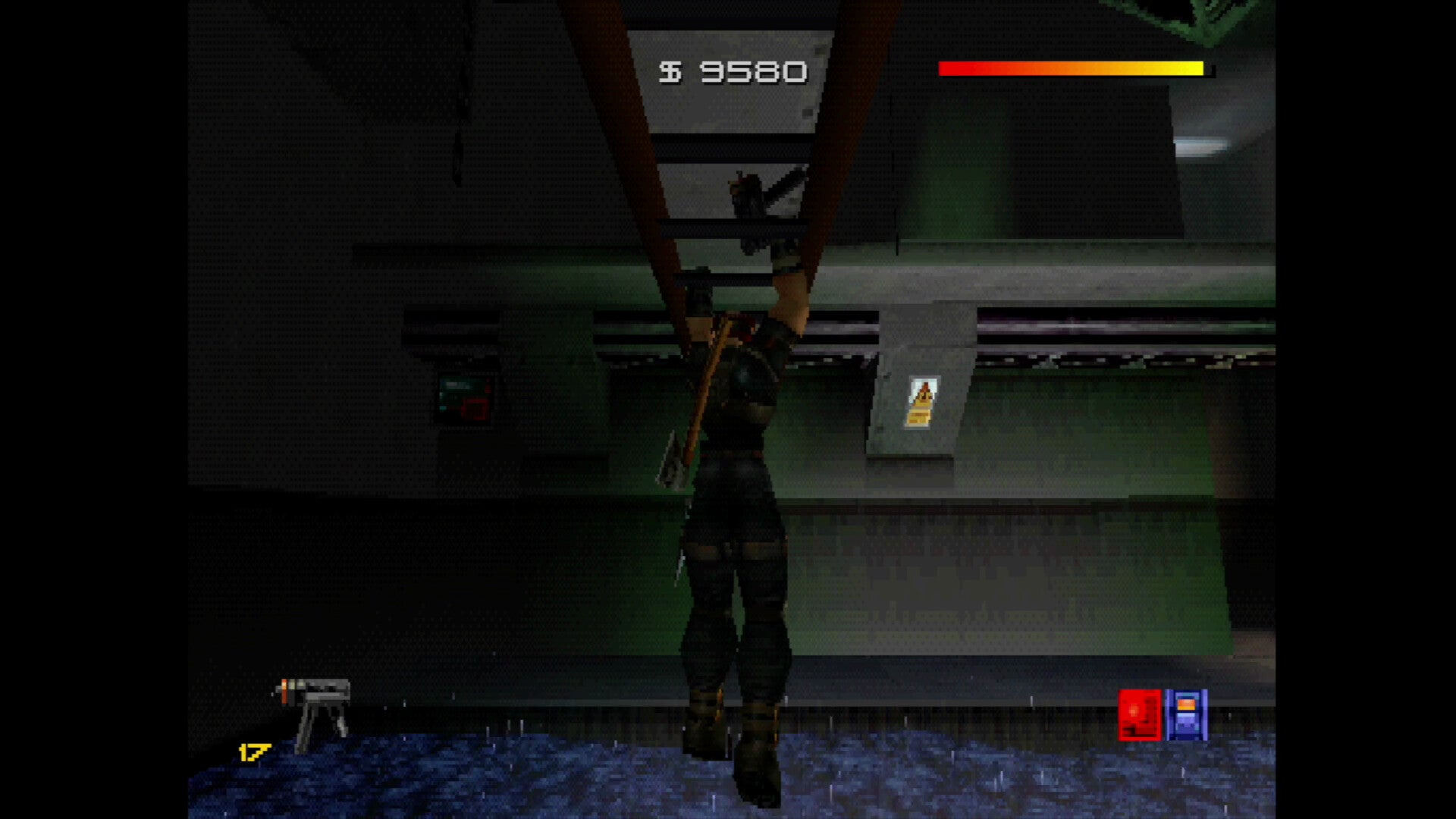 Game interface showing a character with a score and health bar on a dark background