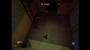 Screenshot of a first-person shooter game with player character and enemies in a dimly lit room.