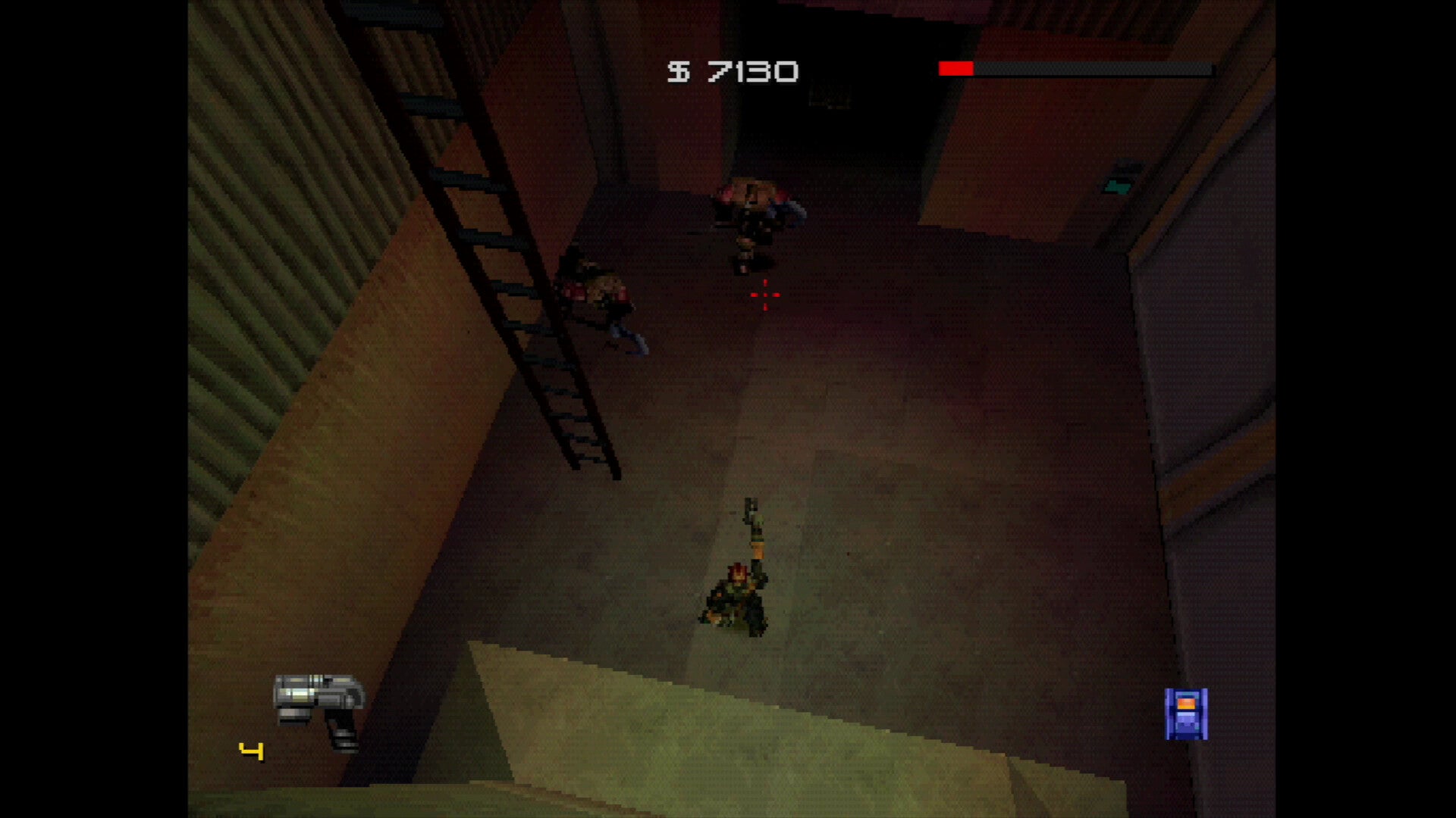 Screenshot of a first-person shooter game with player character and enemies in a dimly lit room.