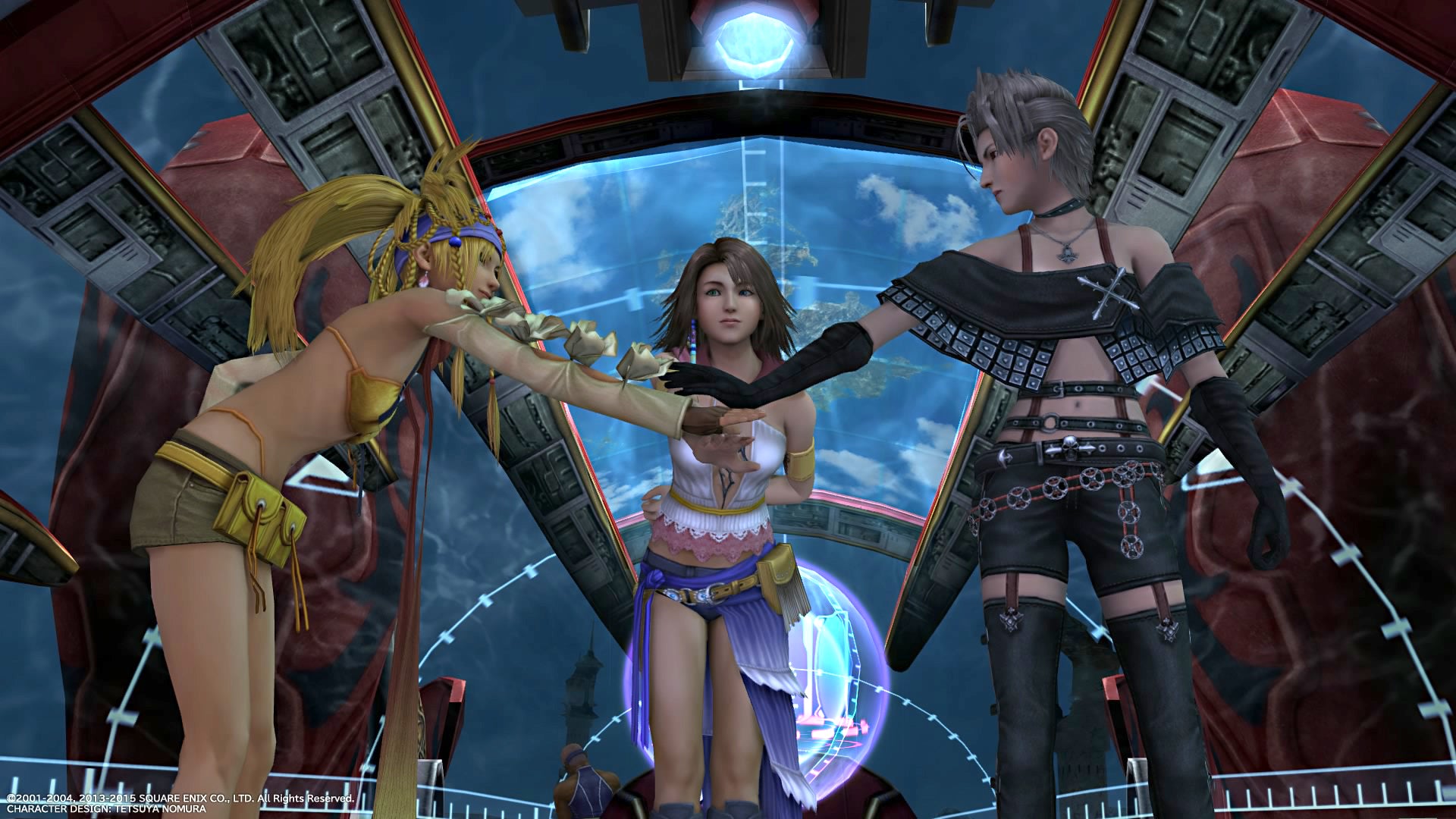 Three characters in a futuristic setting with a blue sky and clouds in the background.