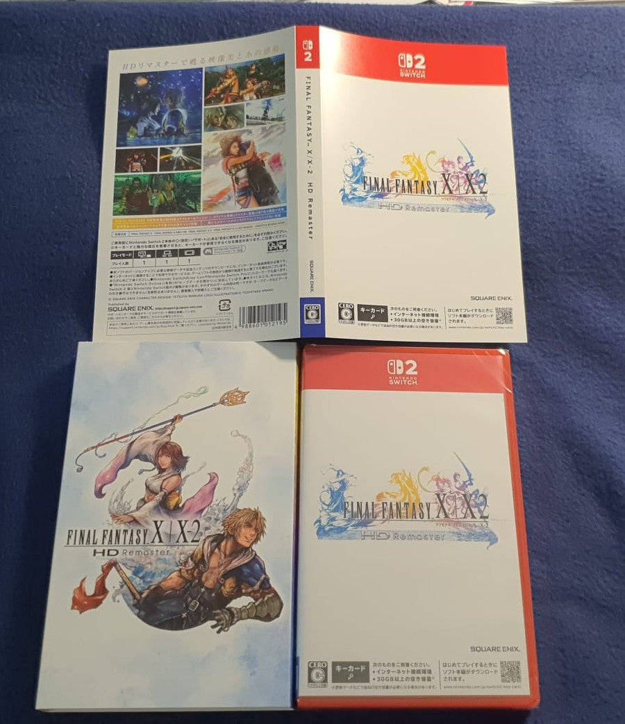 Final Fantasy X-2 HD Remaster game packaging laid out on a blue textured surface, showing the front cover, back cover, and two game cases with Nintendo Switch 2 branding.