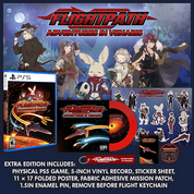 Promotional image of 'Flightpath: Adventures in Venaris' with game case, vinyl record, and collectibles.