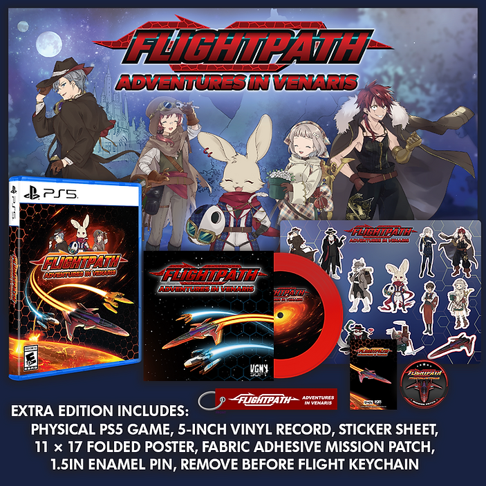 Promotional image of 'Flightpath: Adventures in Venaris' with game case, vinyl record, and collectibles.
