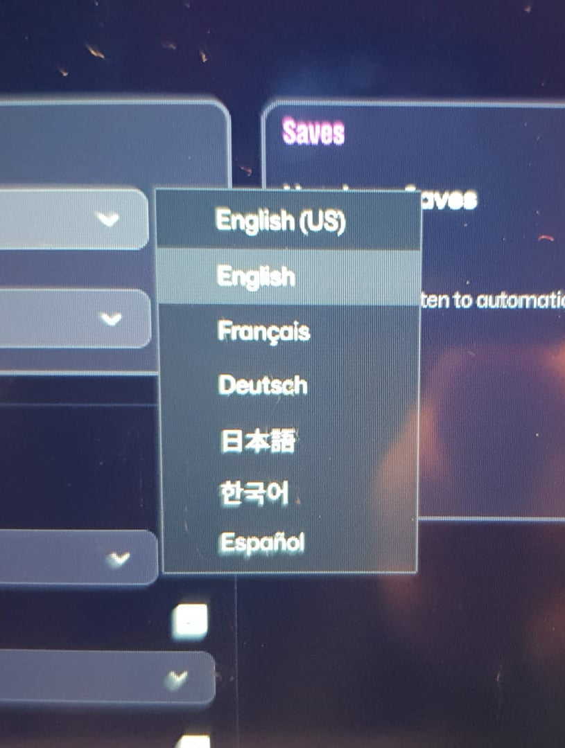 Game settings menu with language options on a blurred background