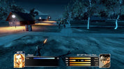 Screenshot of a video game with character portraits and stats displayed on a night-time village background.