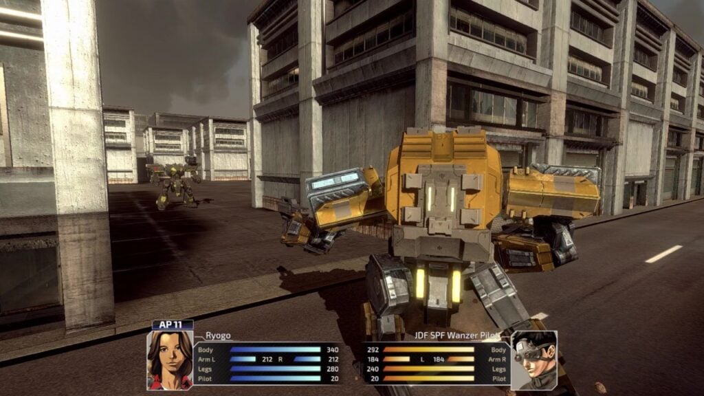 Robot in a post-apocalyptic setting with a user interface overlay