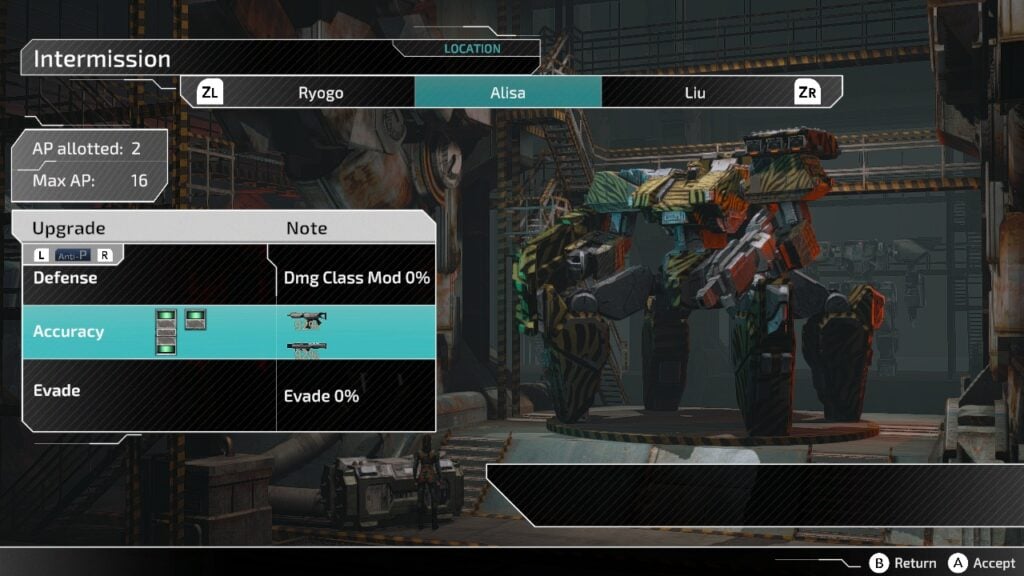 Game interface showing character upgrade options with a robot in the background