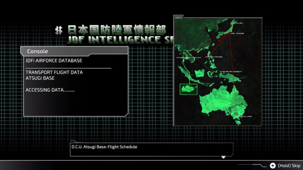 Interface screen with text and map, resembling a military or intelligence system.