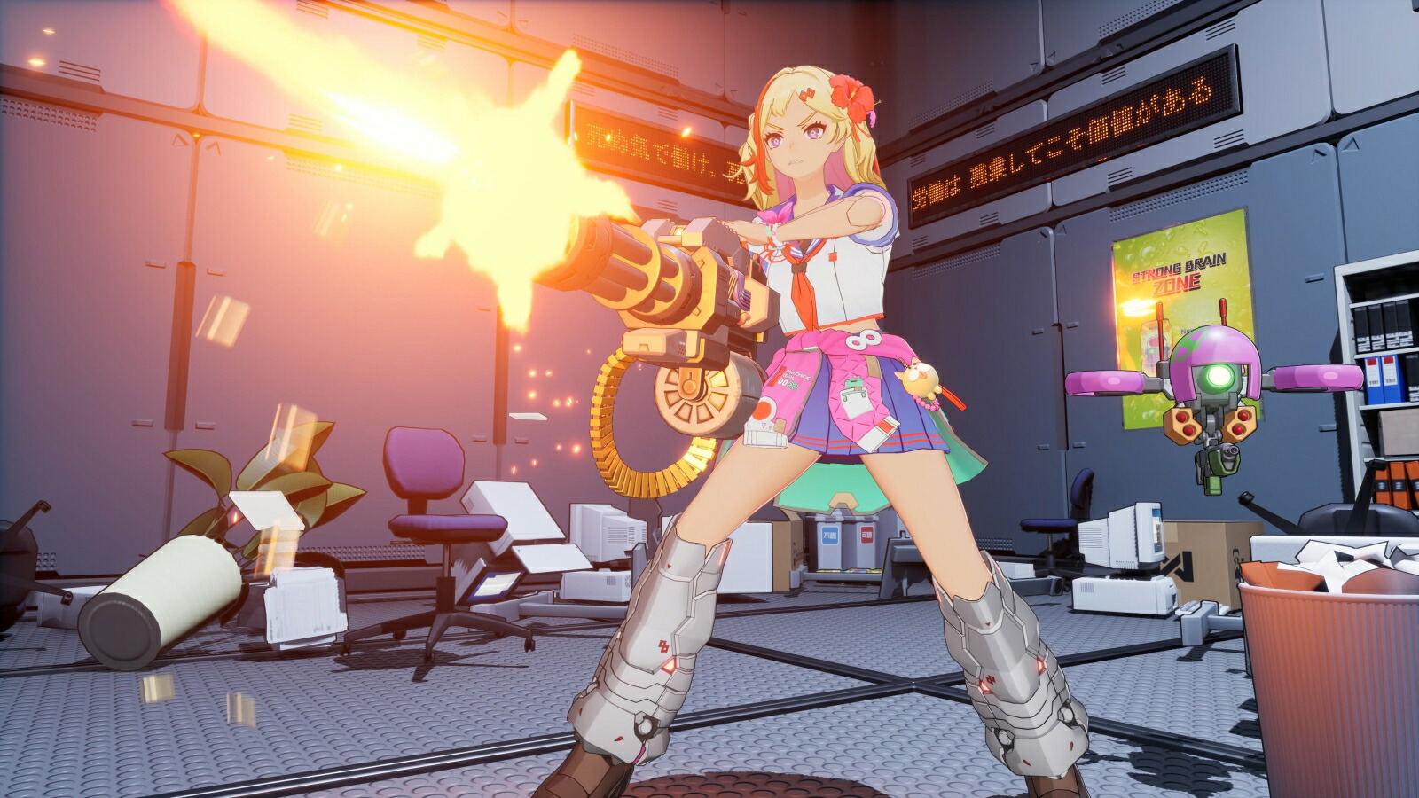 Character in a futuristic setting with a weapon, colorful outfit, and dynamic pose.