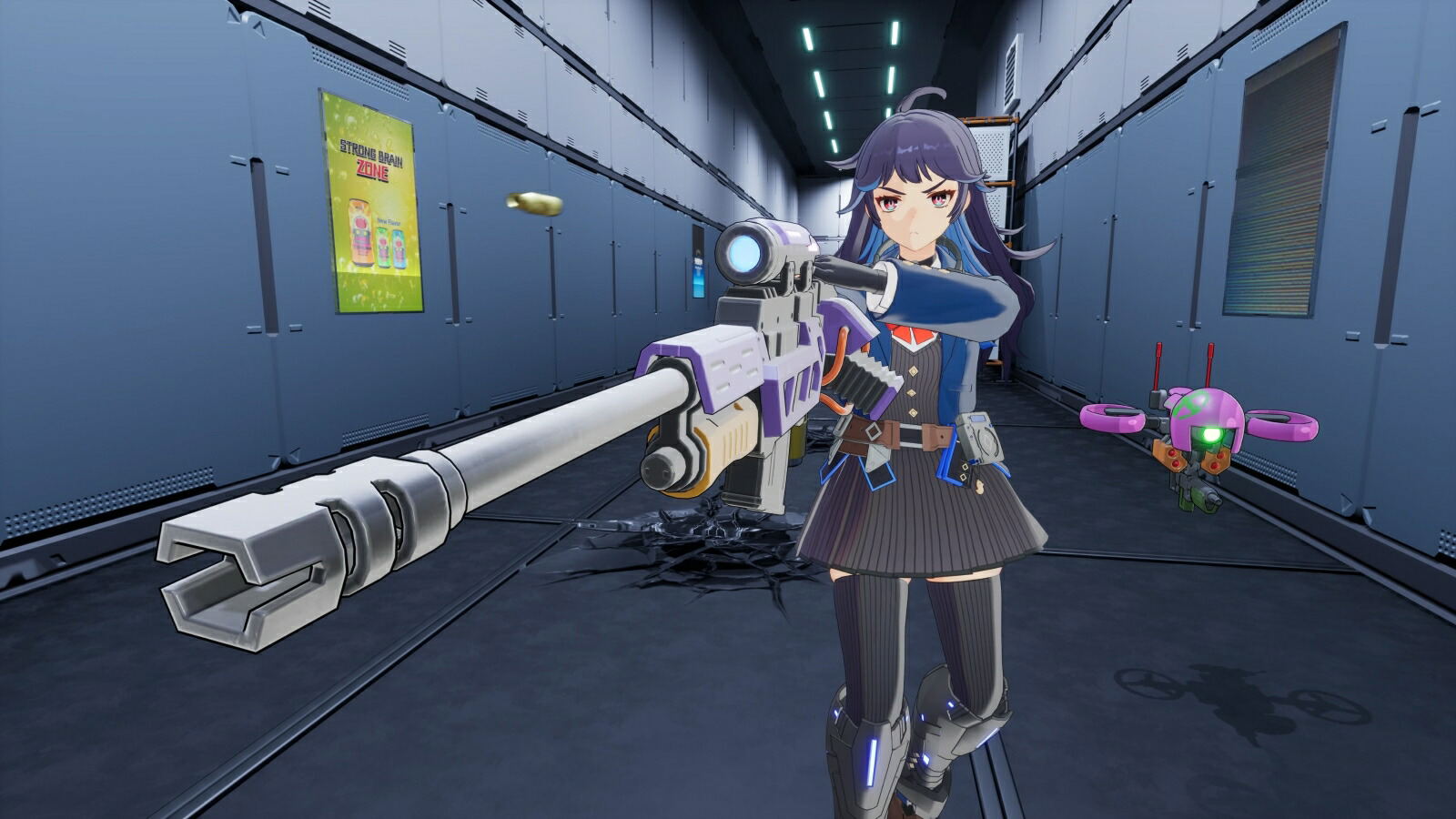 Character with a large weapon in a futuristic corridor