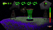 Screenshot of a retro-style space game with alien characters and green energy beams.