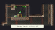 Pixel art scene from a video game with a character collecting emerald feathers.