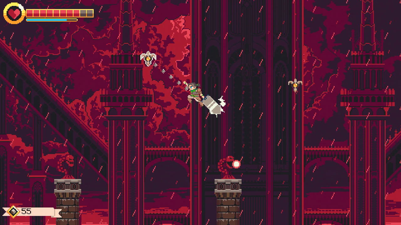 Pixel art game scene with character in a red-themed environment