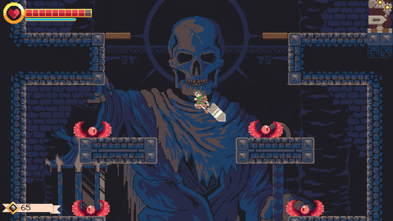 Pixel art skeleton character in a dark, dungeon-like environment