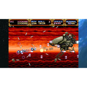 A screenshot from a retro 2D side-scrolling video game, showing a blue spaceship battling a large mechanical alien against a red-orange planetary background. The top header displays game scores and status text, and the image is framed by black space-themed borders on the left and a blue textured strip on the right.