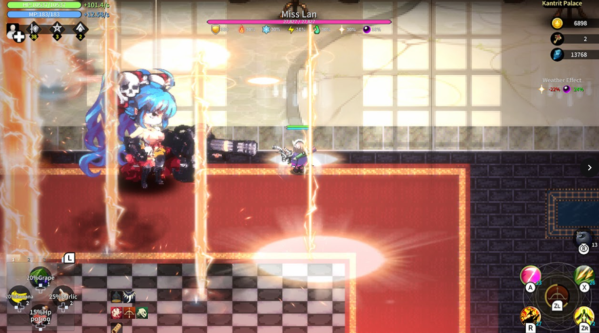 Video game screen with character in colorful outfit and energy effects