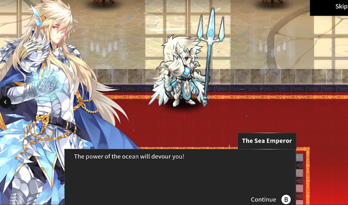 Game character with ocean-themed outfit and dialogue box in a game interface
