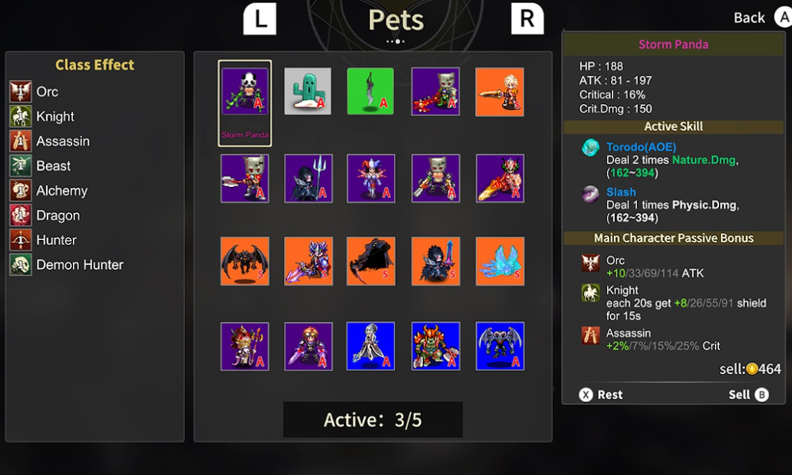 Game interface showing pet selection screen with various pet icons and class effects.