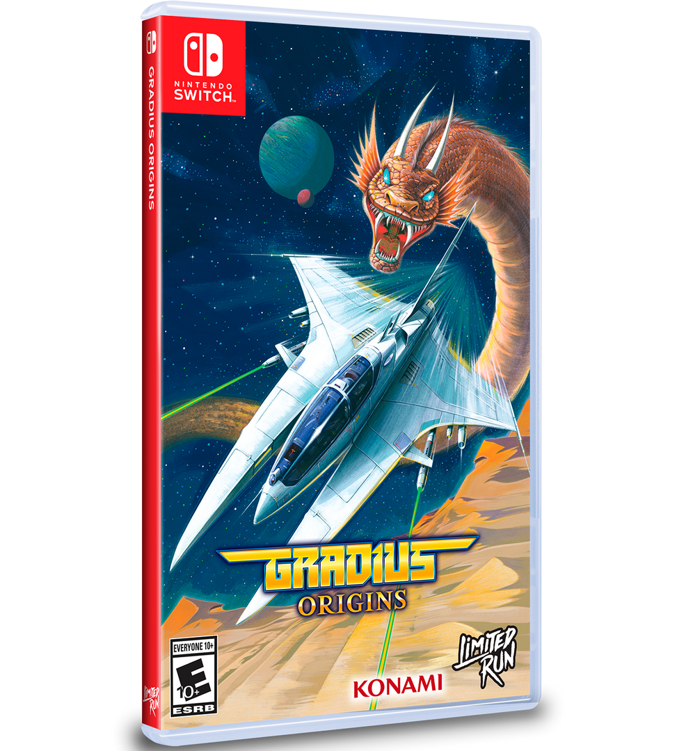 Game case for 'Gradius Origins' on Nintendo Switch with a dragon and spaceship design.