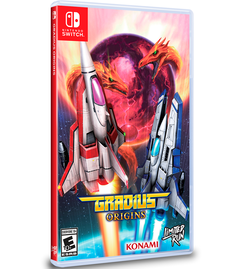 Game case for 'Gradius Origins' on Nintendo Switch with Konami branding.