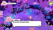 Colorful animated scene with characters and text on a purple background