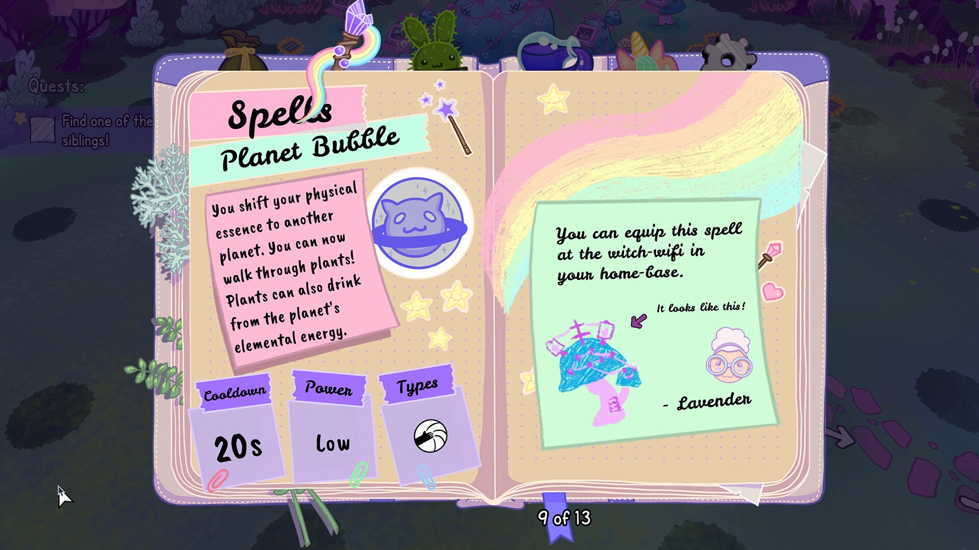 Game interface showing a spell book with 'Spells Planet Bubble' details.