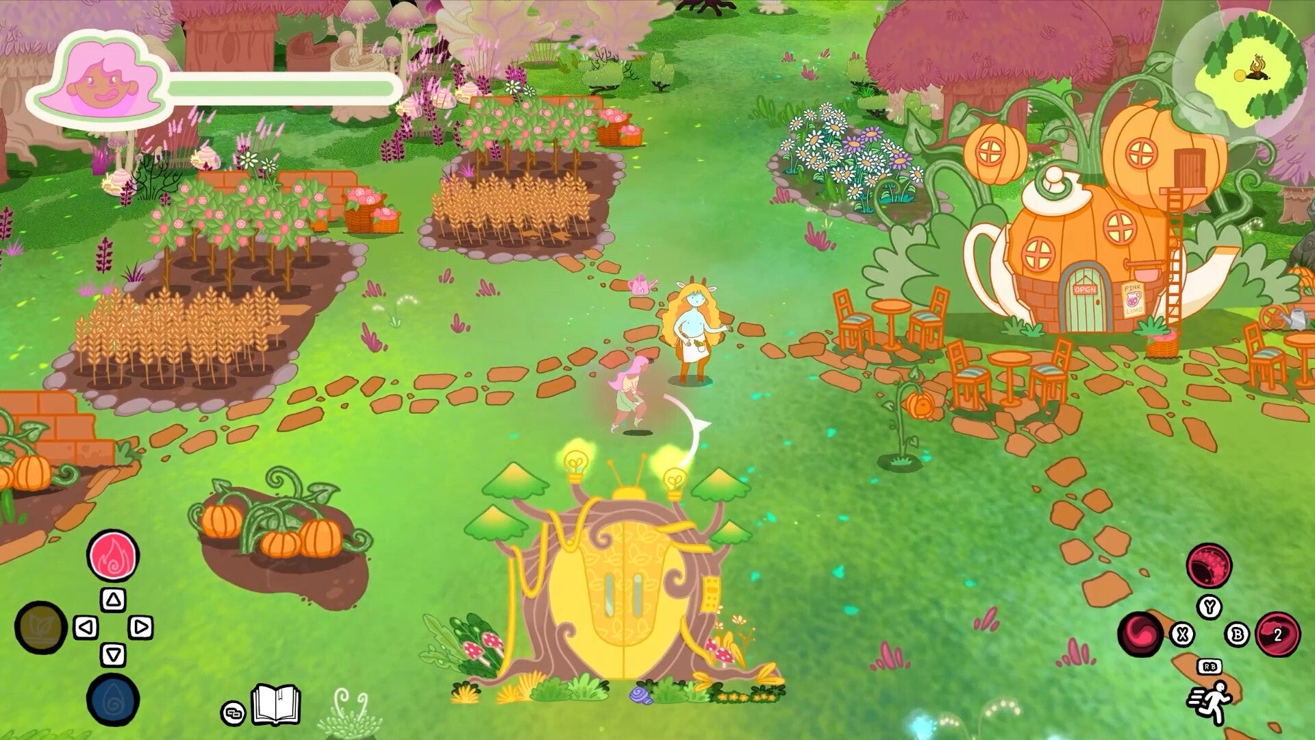 Colorful animated scene with characters and objects in a garden setting