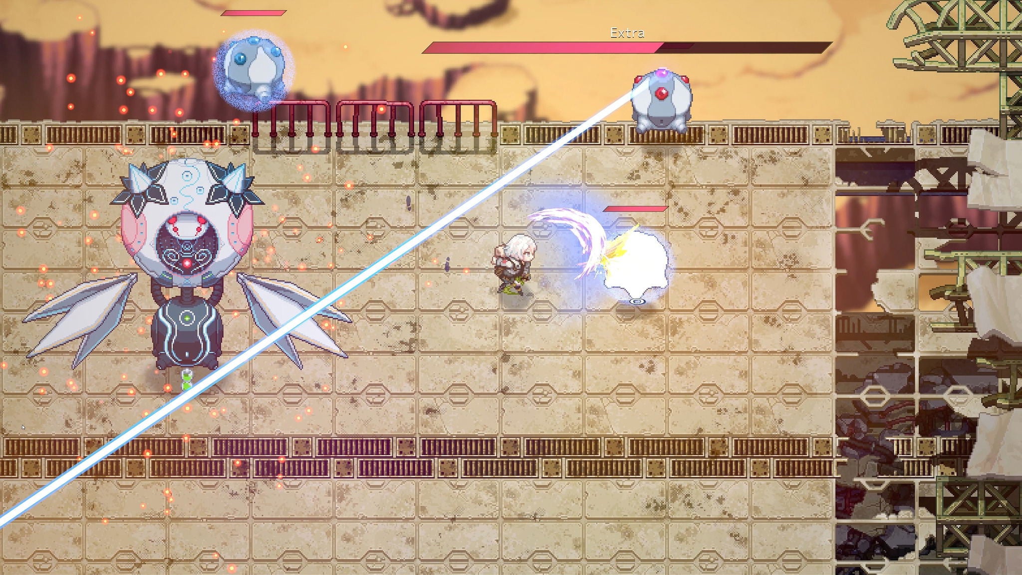 Top-down view of a video game scene with characters and a large weapon on a stone platform.