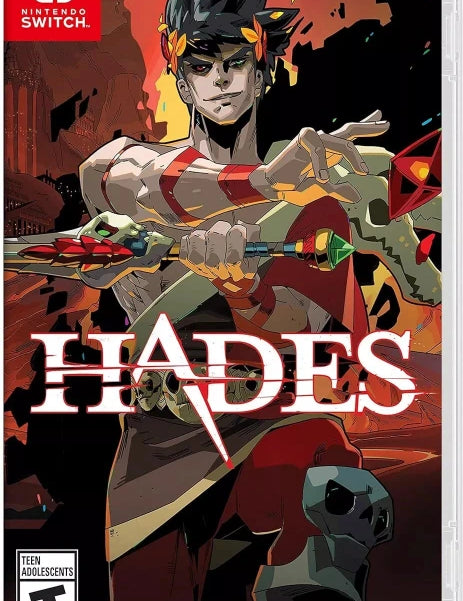 Cover art for 'Hades' game, featuring a stylized illustration of a character in a dynamic pose with mythological symbols and a fiery background, indicative of the in-game Underworld setting.