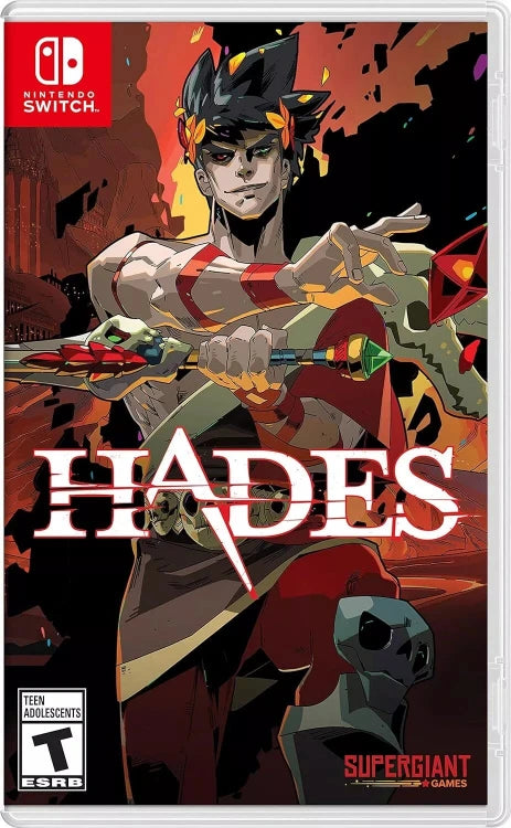 Cover art for 'Hades' game, featuring a stylized illustration of a character in a dynamic pose with mythological symbols and a fiery background, indicative of the in-game Underworld setting.