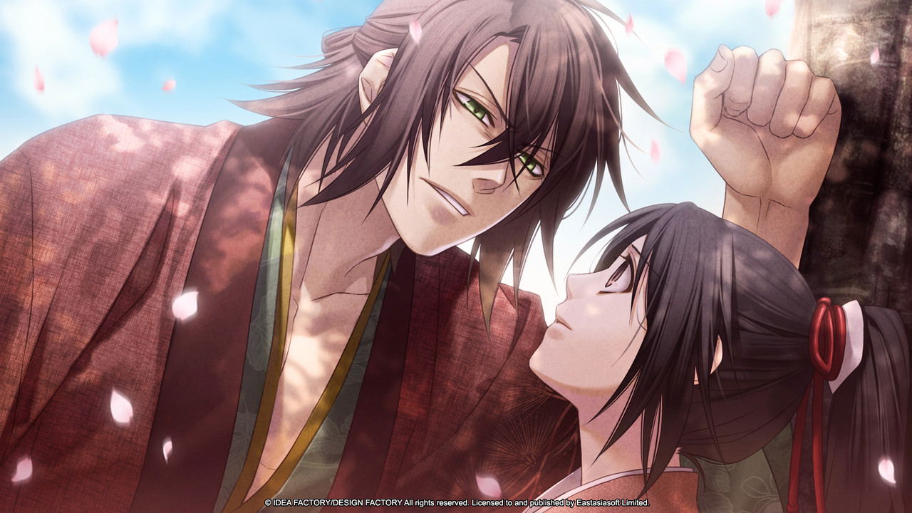 Two animated characters in a close embrace with cherry blossoms in the background