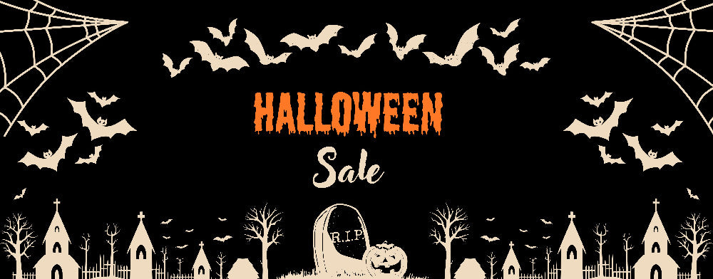 Halloween sale banner graphic with a black background, orange and white text reading 'HALLOWEEN Sale', silhouettes of bats, cobwebs, haunted houses, a tombstone, and a jack-o'-lantern.
