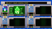 A retro pixel-art character selection screen with six window panels labeled STATUS and SPECIAL, one showing a blue penguin-like character and five showing empty green grid screens. The header reads 'SELECT YOUR CHARACTER!!'.