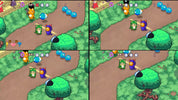 A 2x2 grid showing four identical top-down video game scenes with cartoon animal characters on a grassy path, trees, and blue egg-like objects.