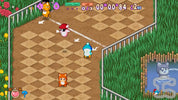 A screenshot from a pixel-art racing game showing several cartoon animals running on a dirt track with grassy borders, a checkered path, and on-screen lap/time HUD elements.