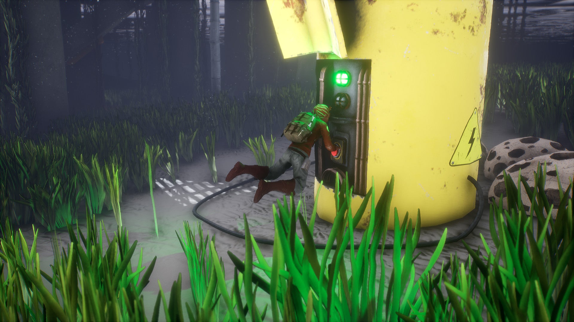 Character interacting with a large yellow container in a dark, grassy area