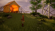 Person standing in a grassy area with a tent and power line in the background