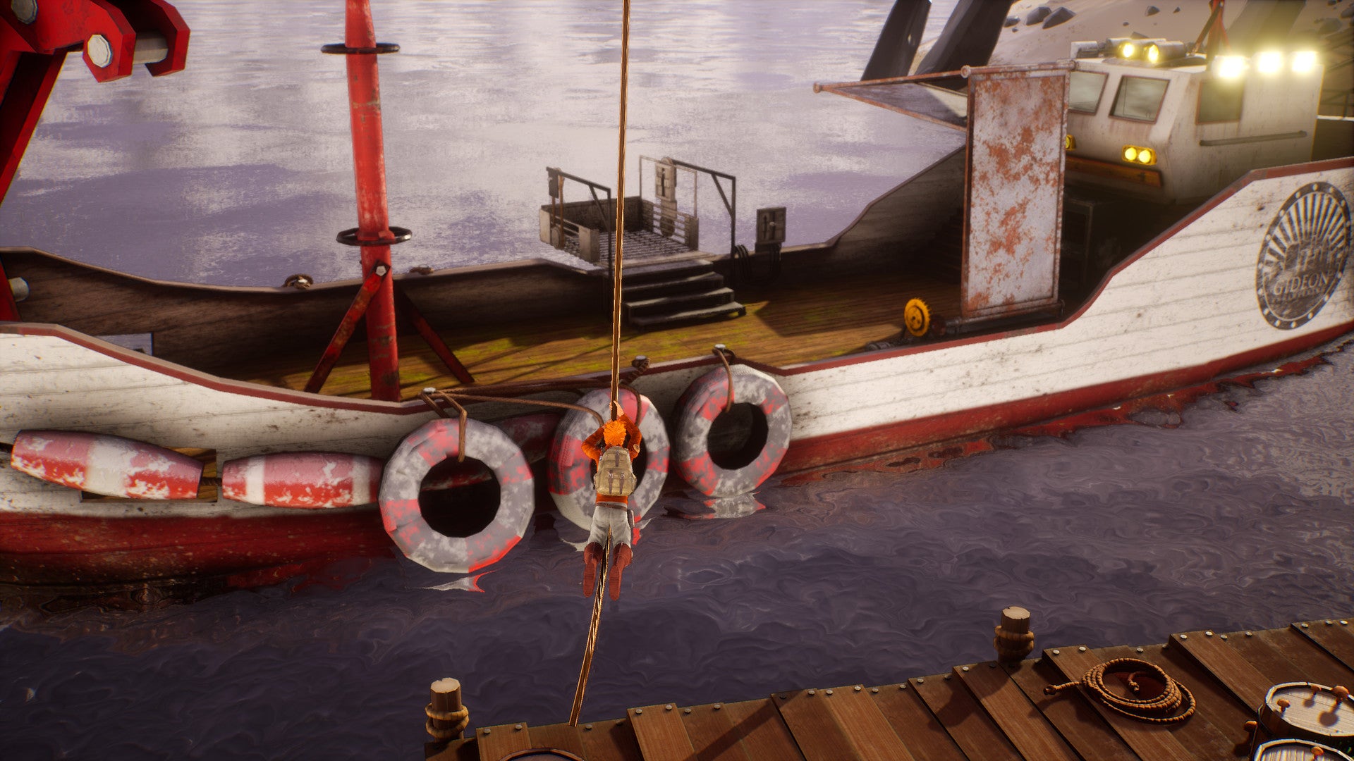 Boat with life rings and a dock in the background