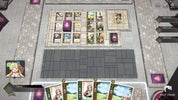 Card game setup with character cards on a grid