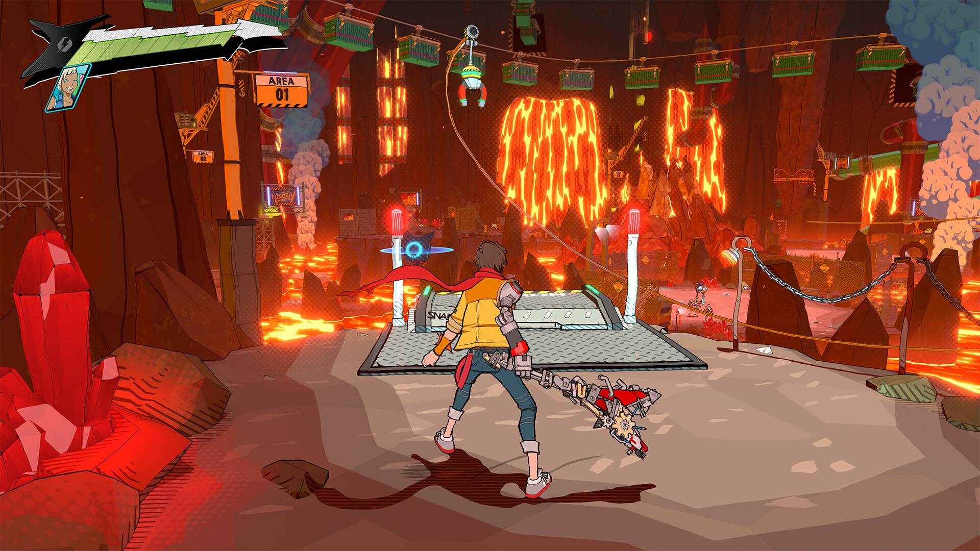Video game scene with a character in a fiery environment