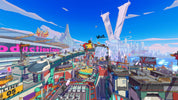 Colorful, futuristic cityscape with a character on a platform