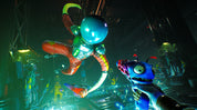 Colorful alien figure in a futuristic setting with a glowing weapon.