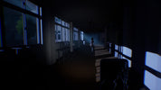 A dark, atmospheric hallway scene with tall windows casting blue light onto the floor, and a small distant human figure standing in the corridor.