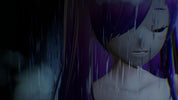 A moody close-up of an anime-style character with long purple hair, shown in rain with a dark, atmospheric background and heavy digital glitch effects.